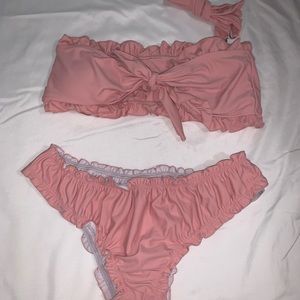 Pink Frill Trim Knot Bandeau Bikini Swimsuit